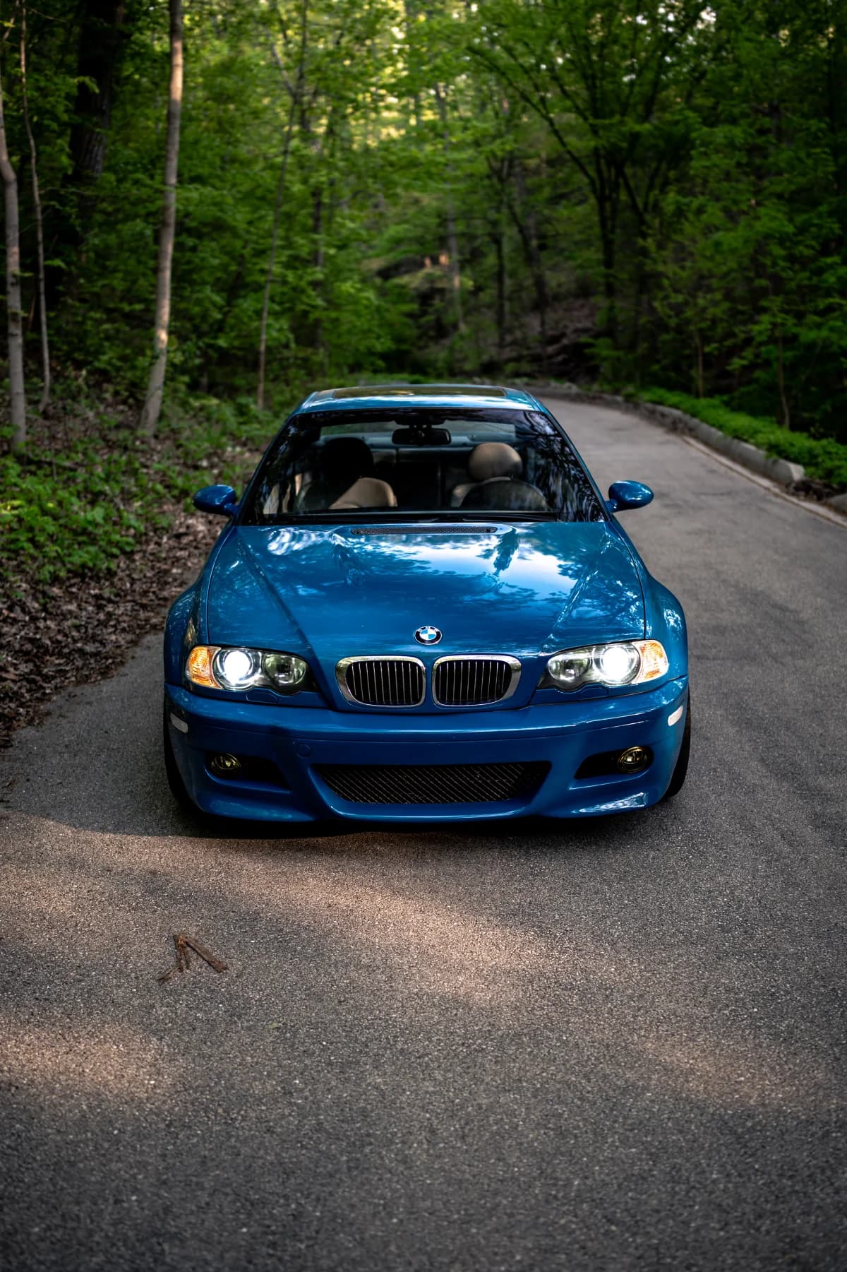Blue BMW E46 M3 on a forest road