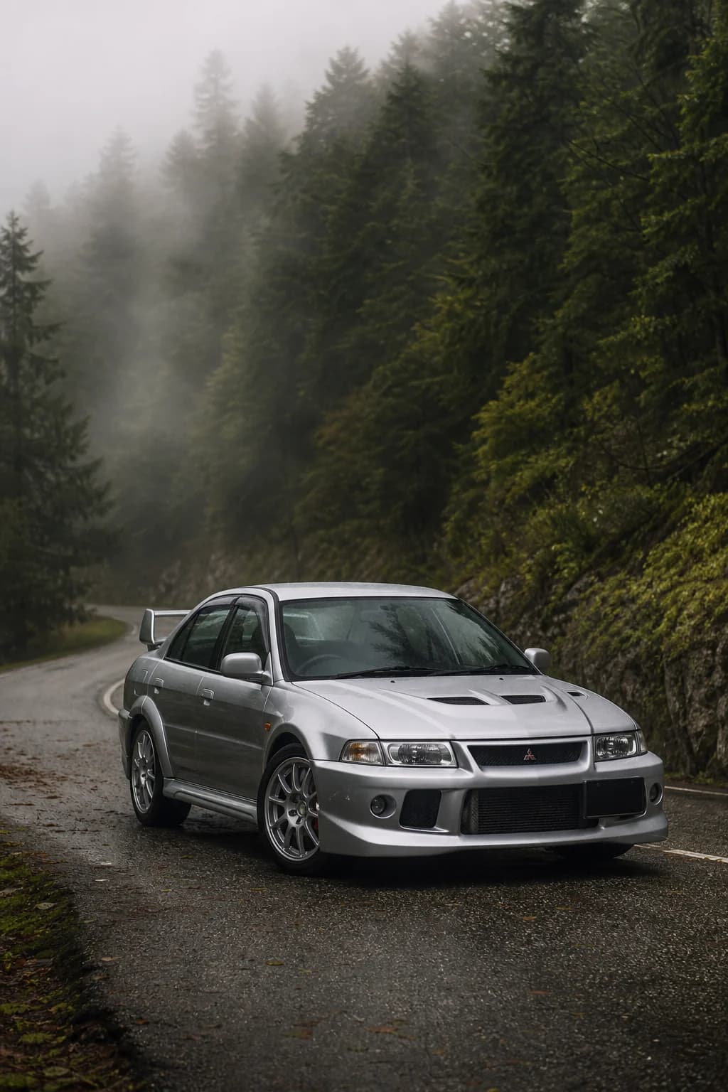 Silver Mitsubishi Lancer Evolution VI (CP9A) in a front three-quarter view