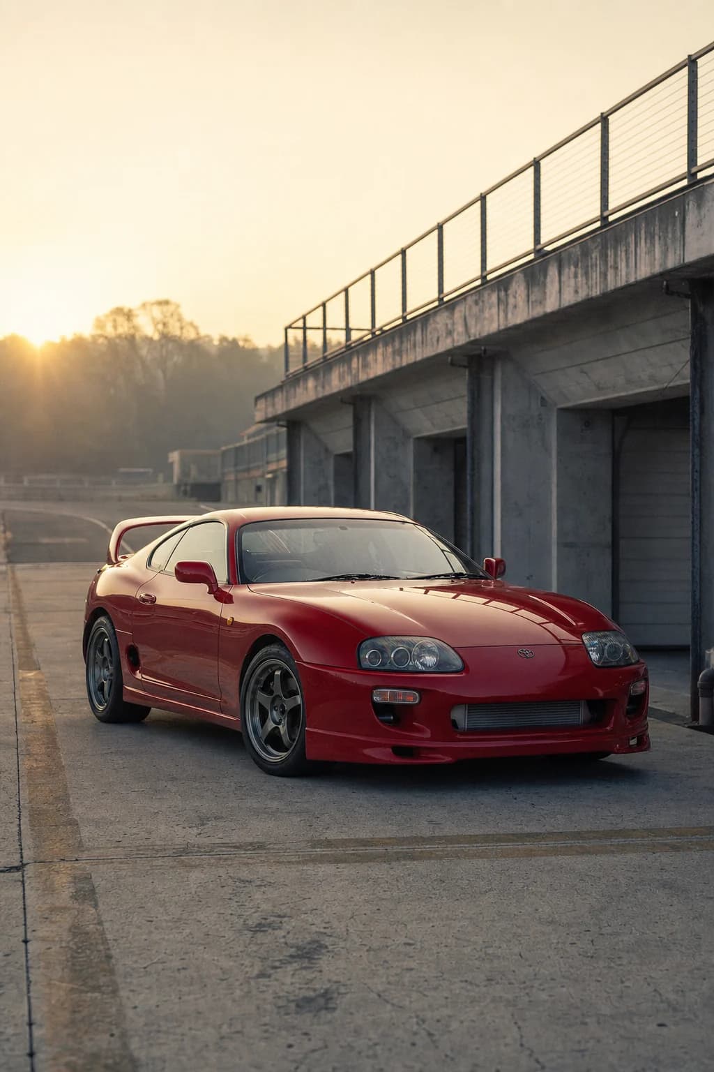 Red Toyota Supra (A80) in a front three-quarter view